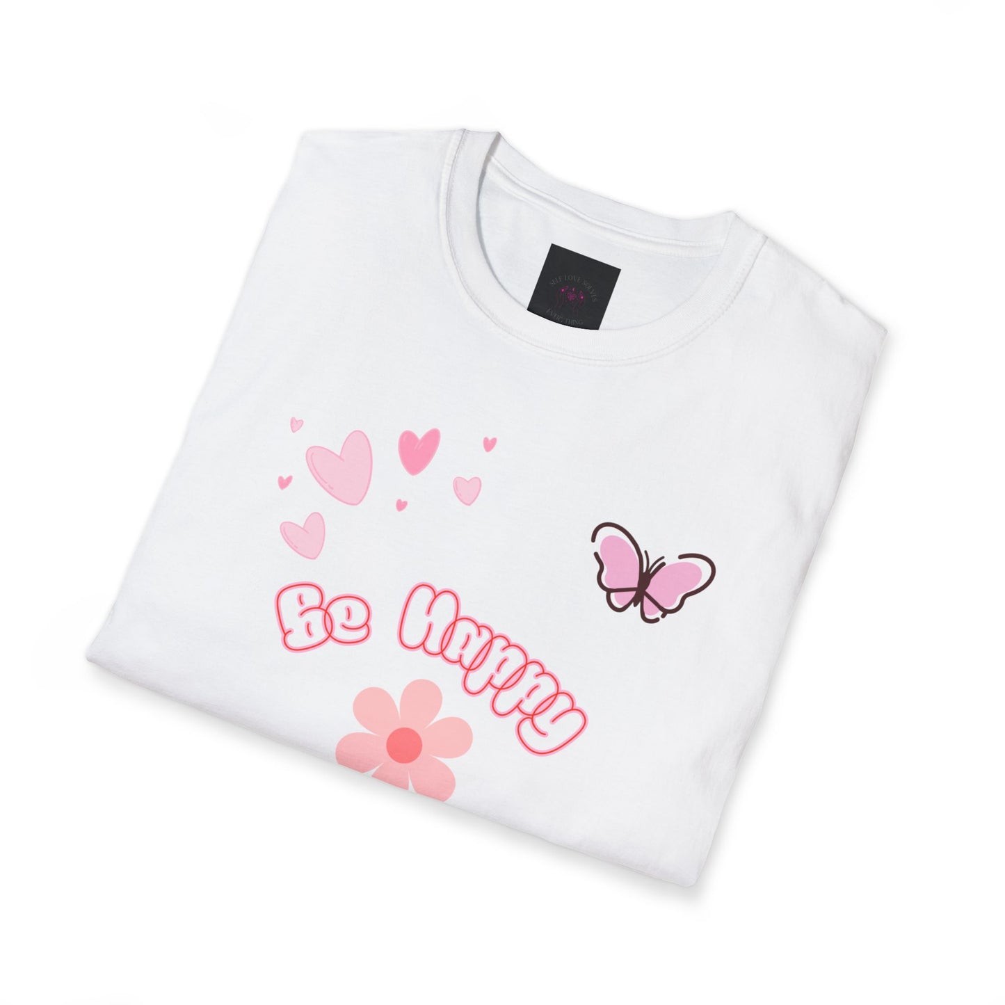 Be Happy Floral Tee — (designed by Bonnie) Pink Butterfly & Heart Graphic T-Shirt