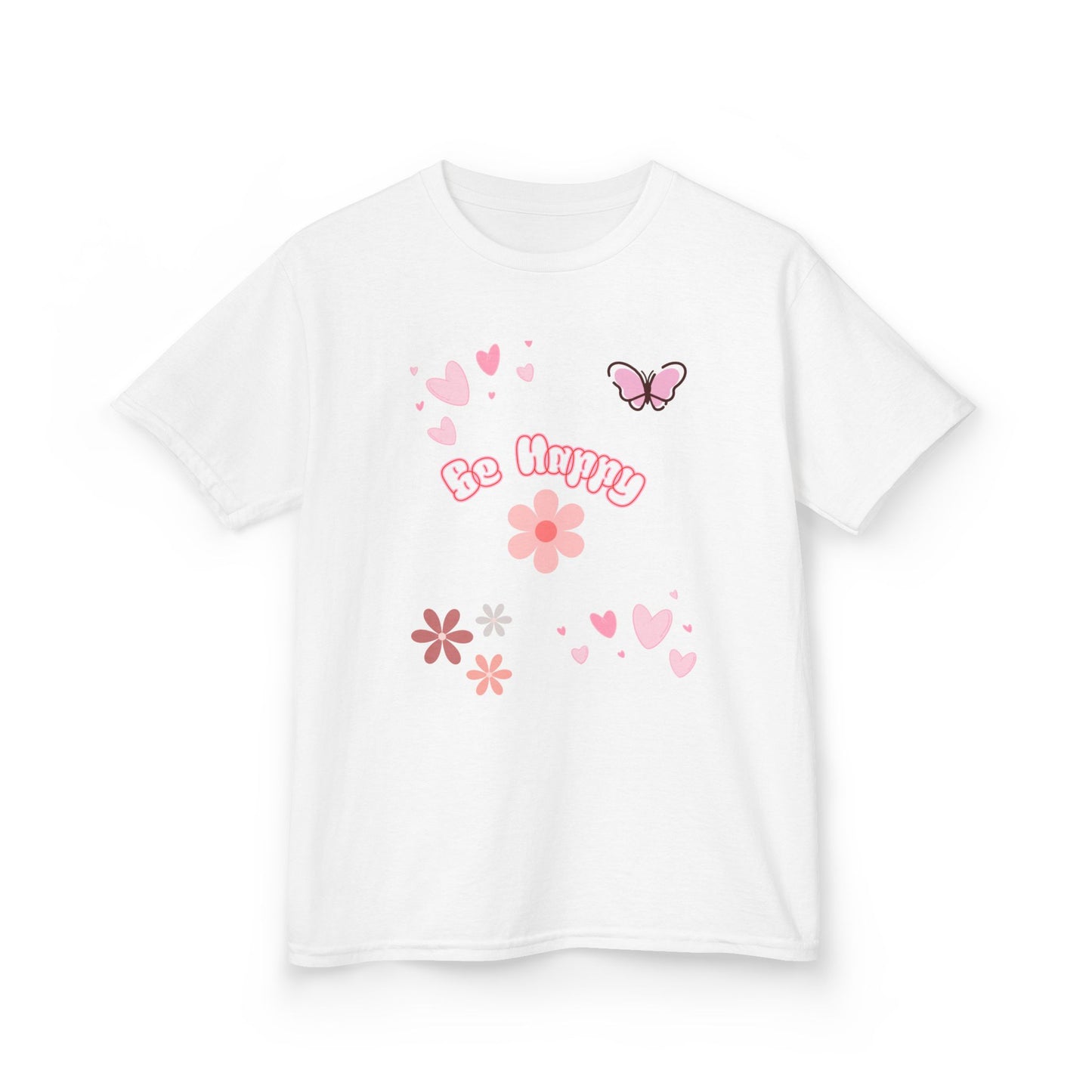 Kids Tee — 'Be Happy' Pink Butterfly & Floral Graphic