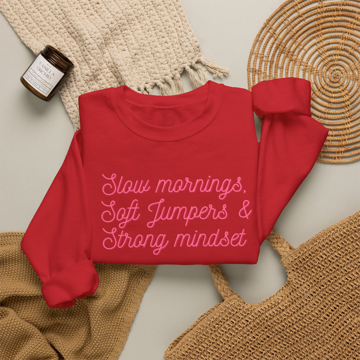 Slow Mornings Crewneck Sweatshirt — Soft Jumpers & Strong Mindset Pumpkin Design