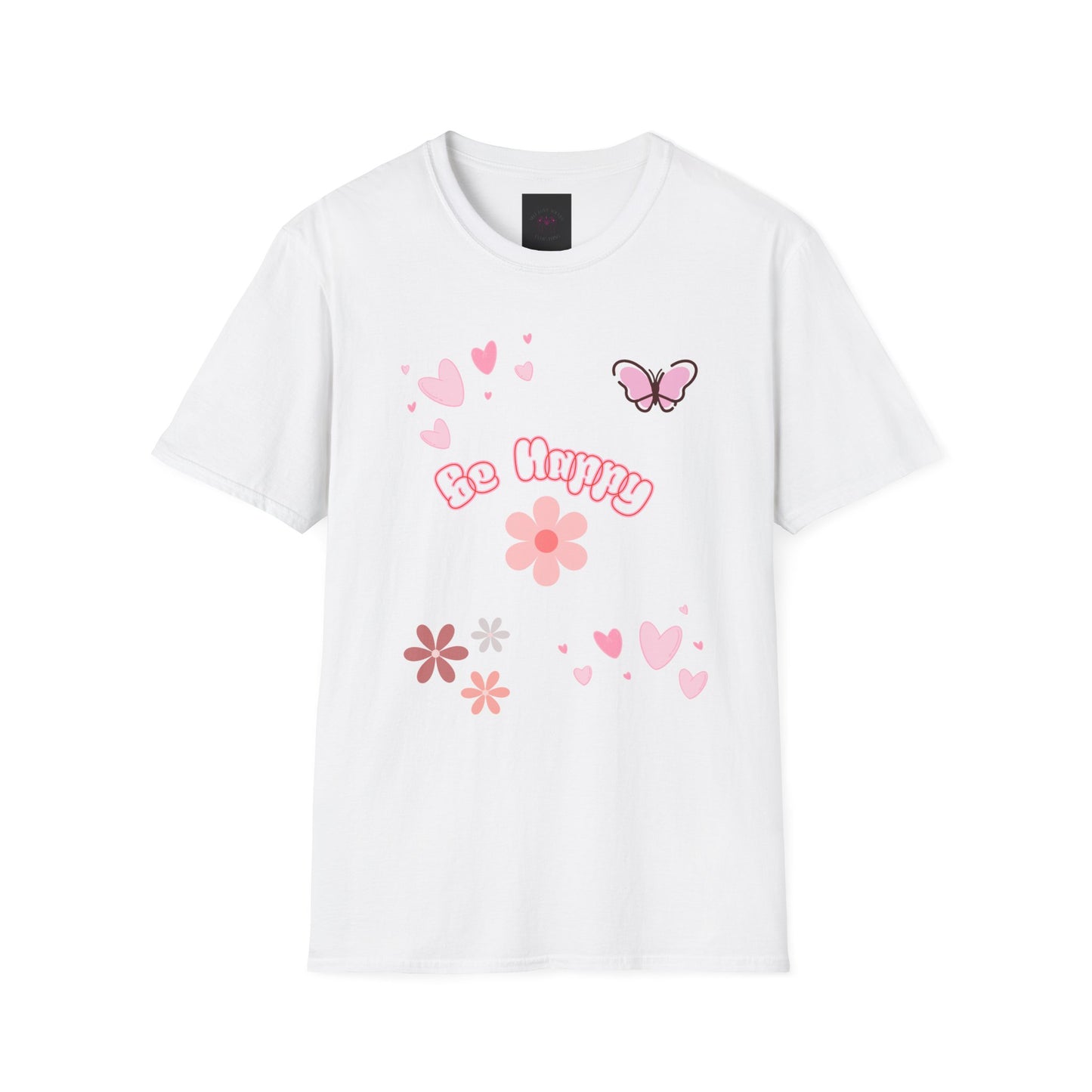 Be Happy Floral Tee — (designed by Bonnie) Pink Butterfly & Heart Graphic T-Shirt