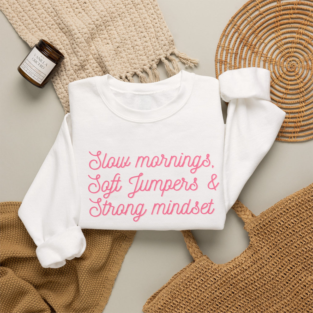 Slow Mornings Crewneck Sweatshirt — Soft Jumpers & Strong Mindset Pumpkin Design