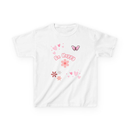 Kids Tee — 'Be Happy' Pink Butterfly & Floral Graphic